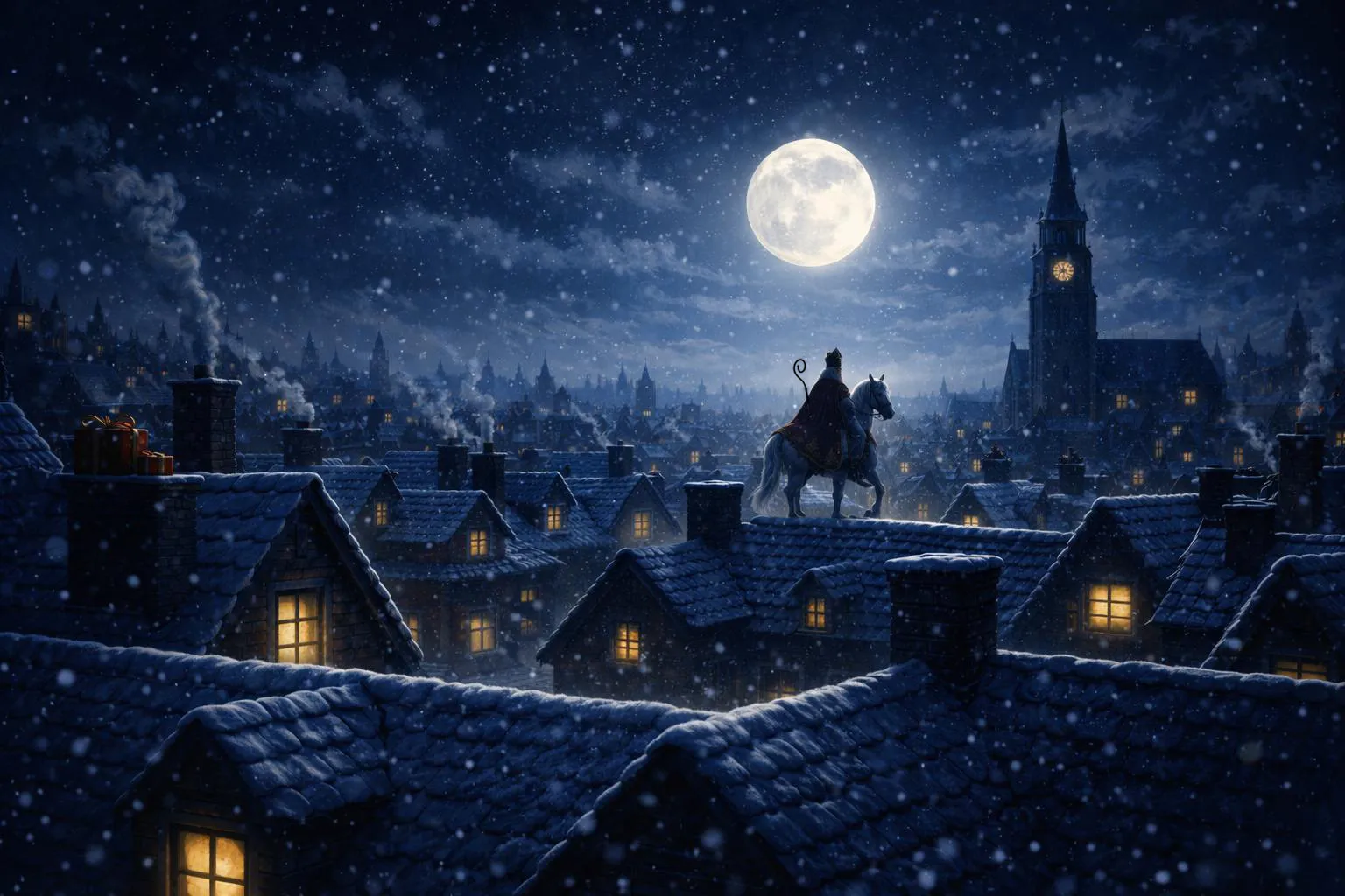 Sinterklaas te paard over de daken, bij volle maan